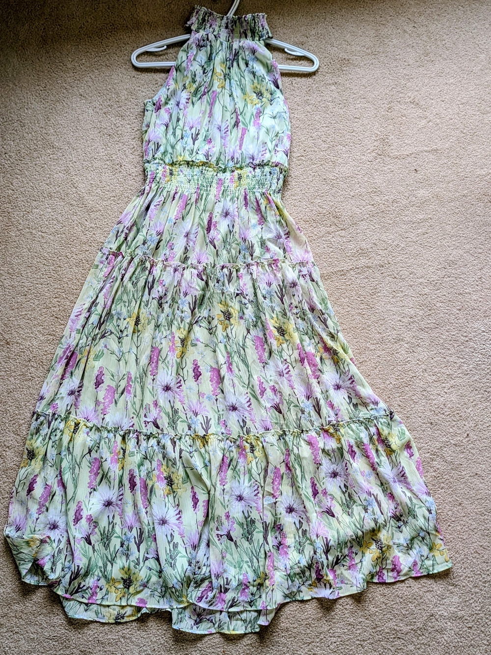 Taylor Floral Halter Maxi Dress in Pastel Green with Purple & Yellow Blooms